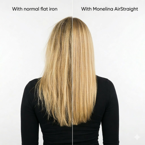 Comparison of hair before and after using Monelina AirStraight